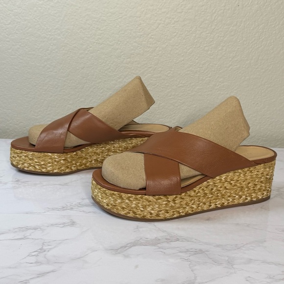 Platform Wedge Nappa Leather Upper Crisscross‎ Raffia Heel Cognac Size 8.5 - Picture 2 of 11